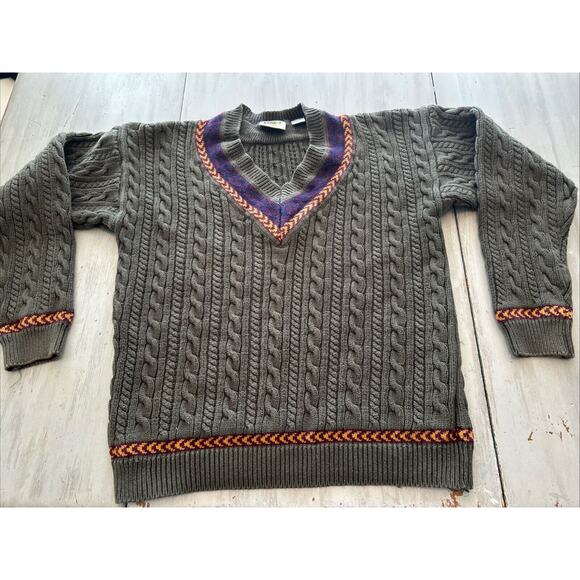 Vtg Field Gear Green Cable Knit V-Neck Tennis Cricket Sweater Sz L - Picture 1 of 8